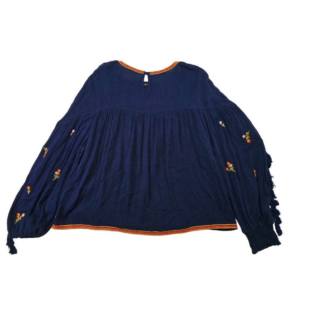 Savanna Jane Peasant Top Women L Navy Floral Embroidery Fringed Boho Blouse - Picture 6 of 8